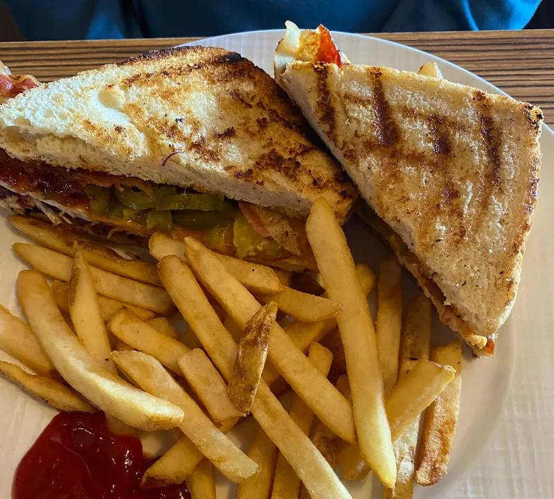 A toasted sandwich with fries at Bulldogs